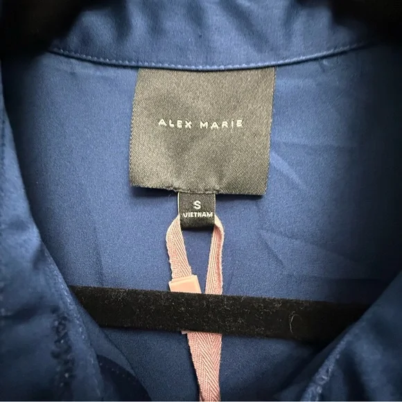 Alex Marie Midnight Blue Satin Shirt Dress Tie Waist Ruffle Hem Midi Small NWT - Picture 4 of 6